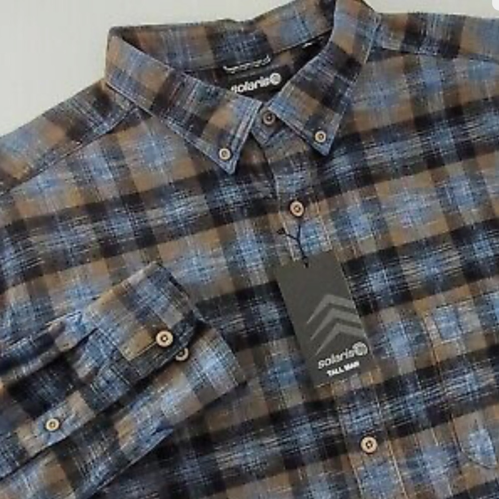 NWT Solaris Mens Long Sleeve Brown Blue Plaid Button Down Long Sleeve